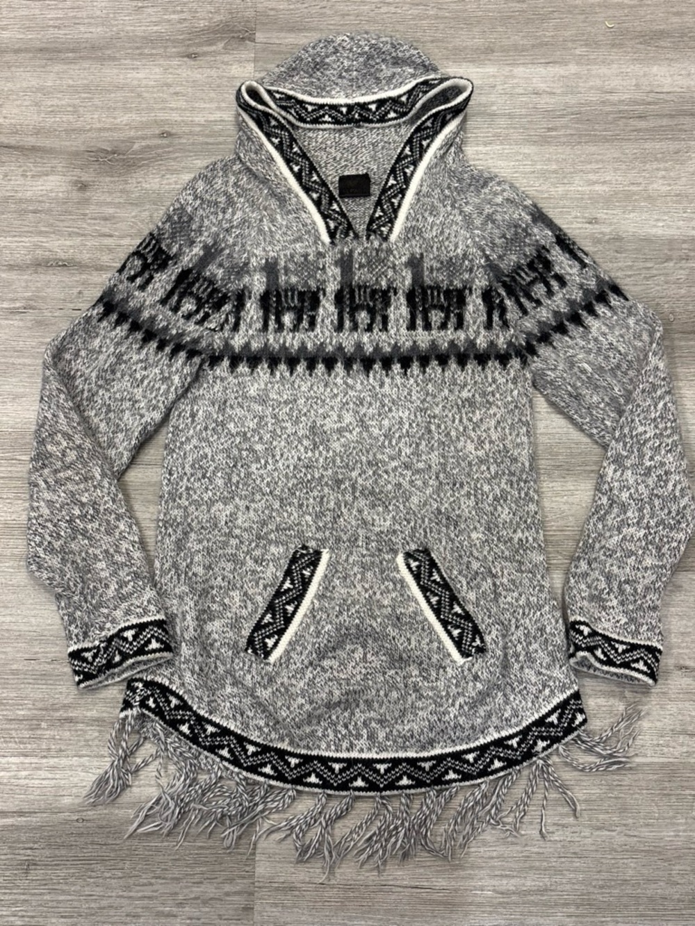 Alpaca fur Gray Hooded Fringe Sweater with Nordic Pattern estimated sz small